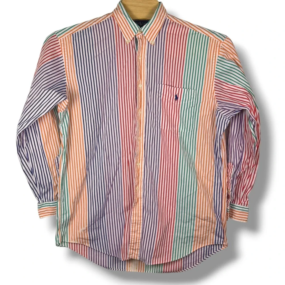 Vintage Ralph Lauren Button Down Mens L Multicolor Stripe Poplin Rainbow Blaire